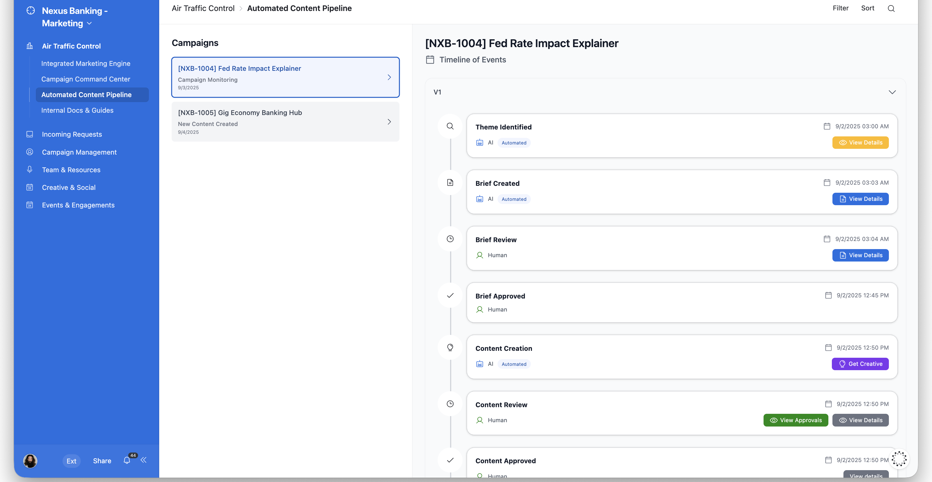 Airtable automated content pipeline showing a campaign timeline from theme identified to content approved