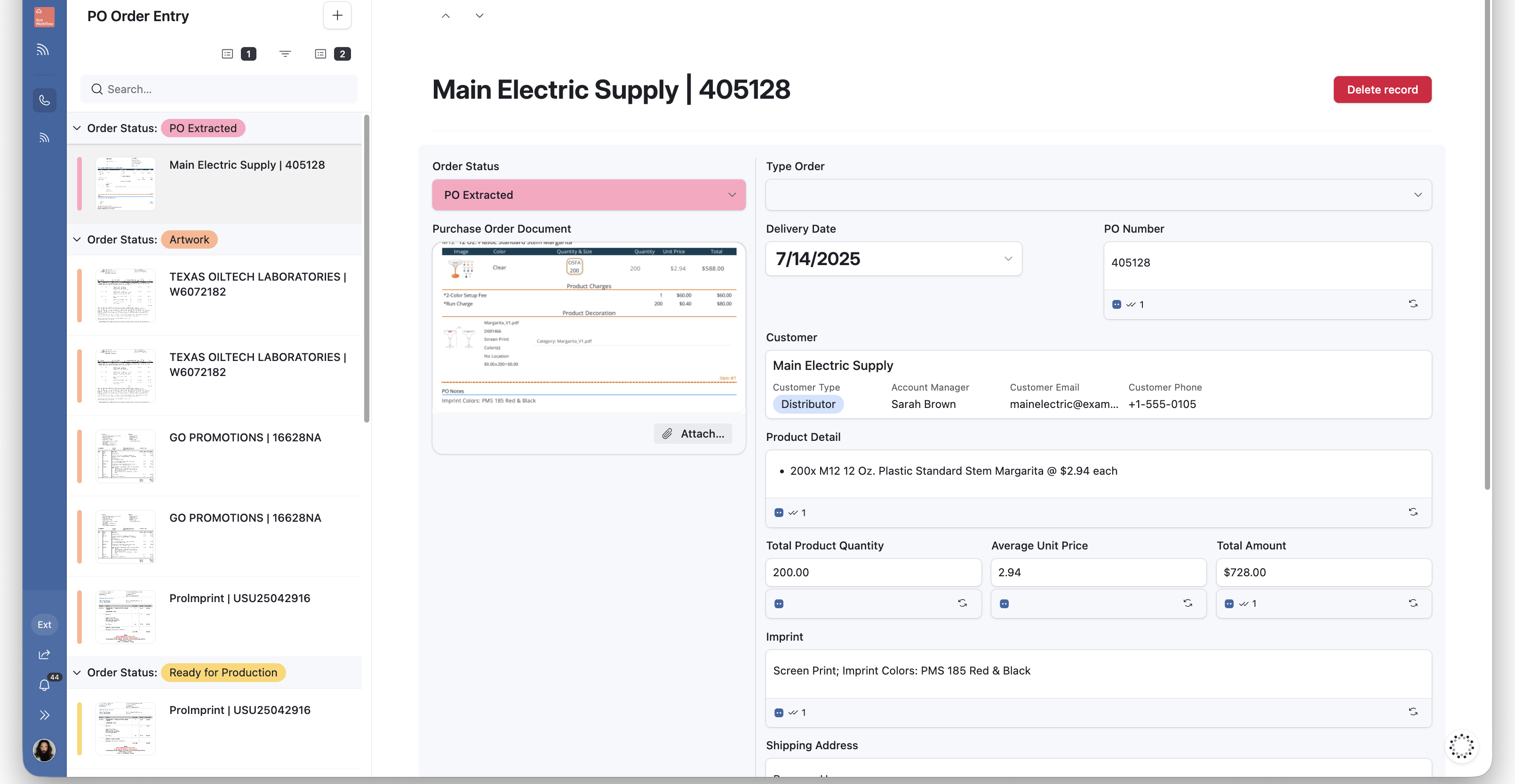 Airtable purchase order entry interface showing an extracted PO document beside structured order fields